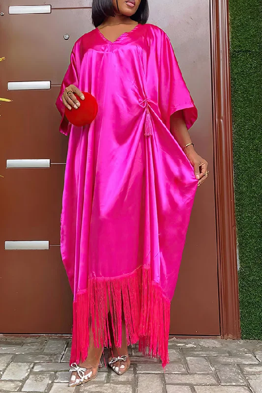 Solid Color Batwing Sleeve Simple Tassel Maxi Dress Elegant Wraparound Maxi Dress