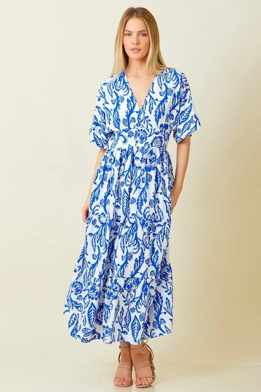 Victoria Short Sleeve Floral Print Maxi Dress Blue Comfortable Bohemian Maxi Dress