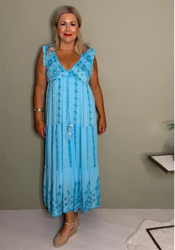 Serafina Collection Beaded Maxi Dress, Blue Stylish Off-Shoulder Maxi Dress