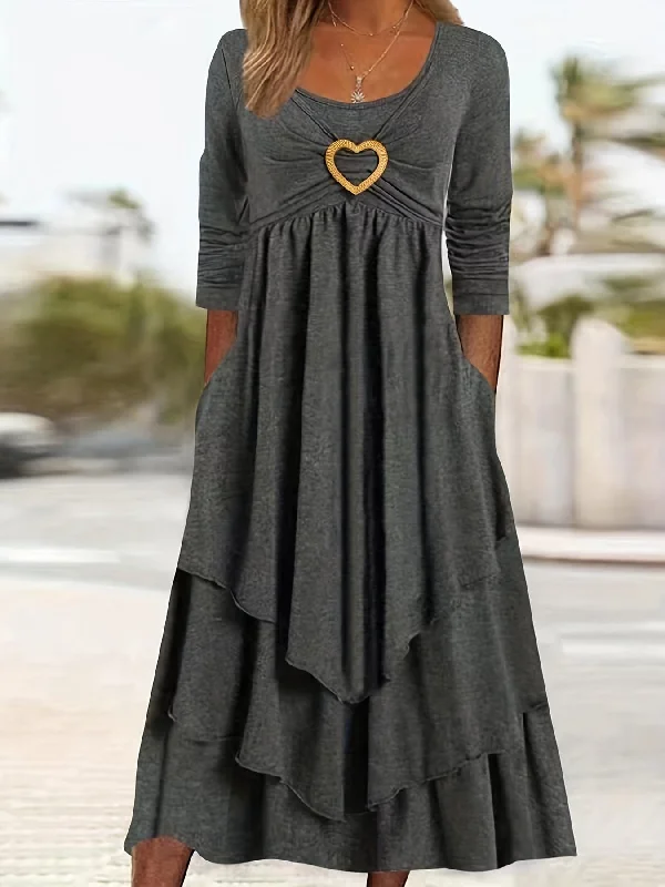 Plus Size Elegant Dress, Women's Plus Plain Long Sleeve Layered Heart Ring Decor Round Neck Maxi Dress Fashionable High-Low Maxi Dress