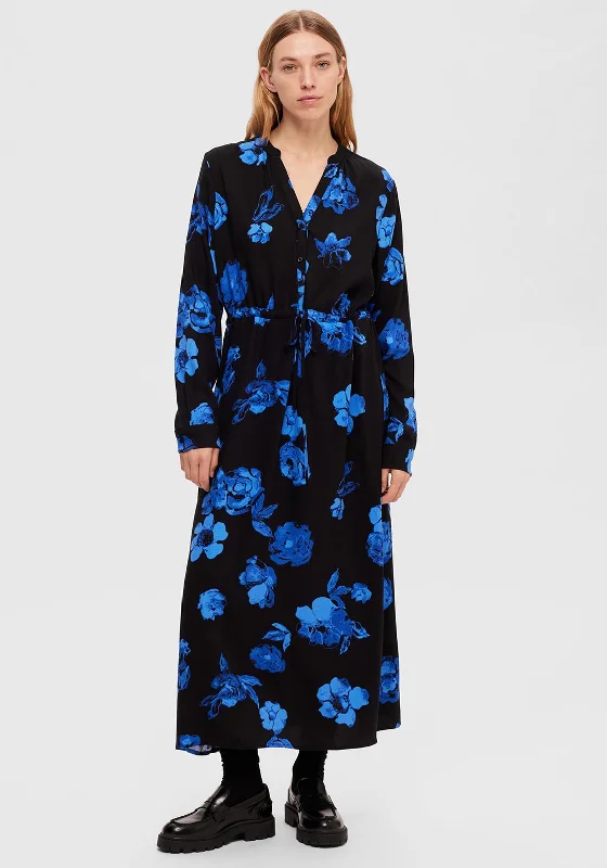 Selected Femme Katrina Floral Print Maxi Dress, Blue & Black Stylish V-Neck Maxi Dress