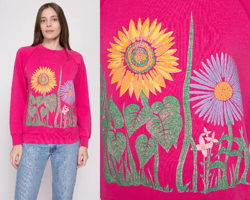 80s Hot Pink Flower Garden Sweatshirt - Medium Hoodie with Cropped Fit Short Trendy