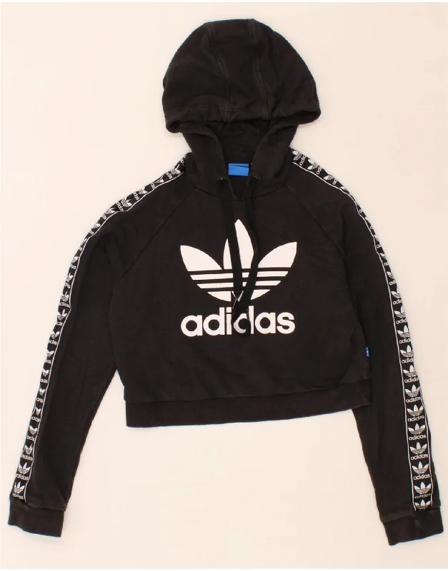 ADIDAS Womens Crop Graphic Hoodie Jumper UK 8 Small Black Cotton Hoodie with High-Low Hem Asymmetrical Trendy