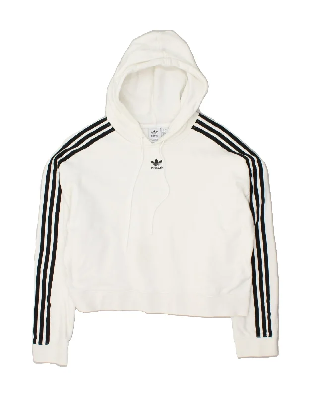 ADIDAS Womens Crop Hoodie Jumper UK 16 Large White Cotton Hoodie with Velcro Closure Adjustable Secure