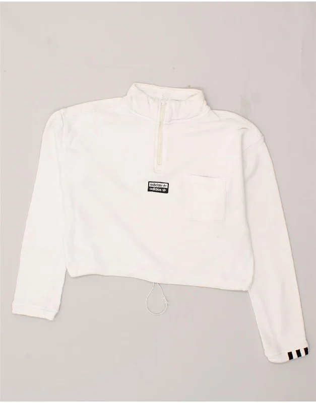 ADIDAS Womens Crop Zip Neck Sweatshirt Jumper UK 12 Medium White Cotton Hoodie with Zipper Versatile Modern