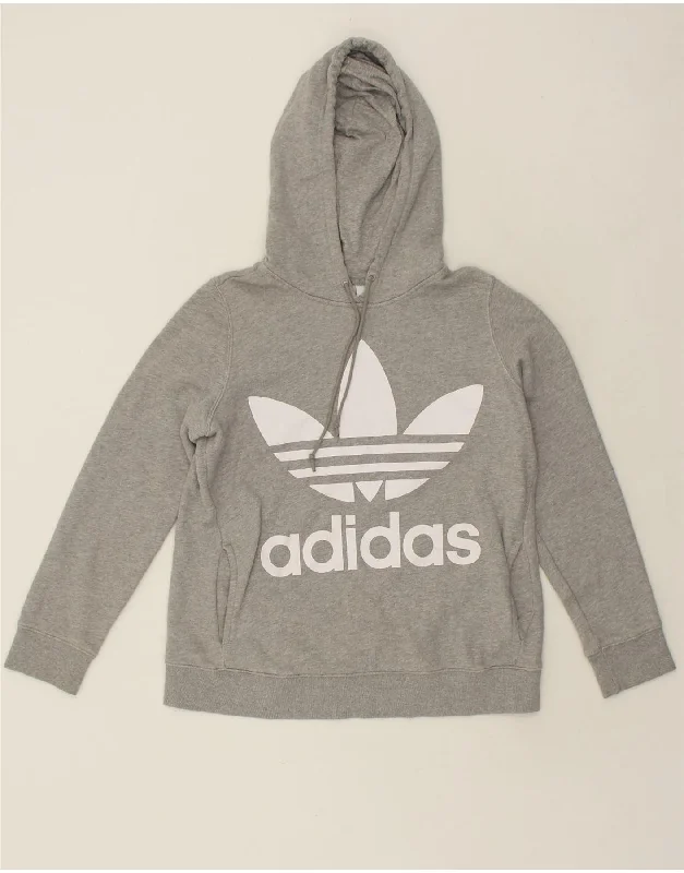 ADIDAS Womens Graphic Hoodie Jumper UK 12 Medium Grey Cotton Hoodie with Button Classic Timeless