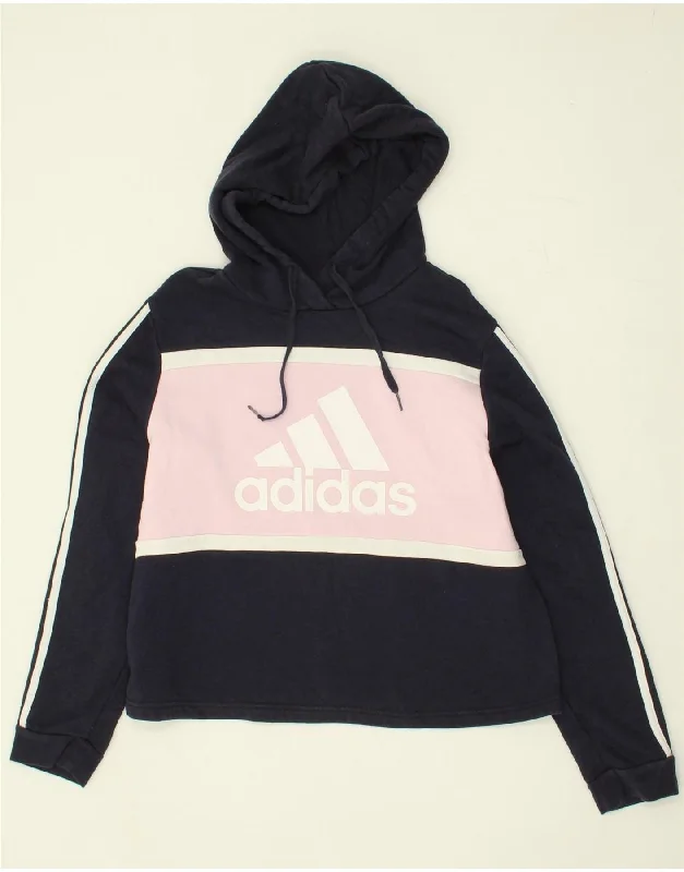 ADIDAS Womens Graphic Hoodie Jumper UK 16 Large Navy Blue Cotton Hoodie with Applique Textured Unique