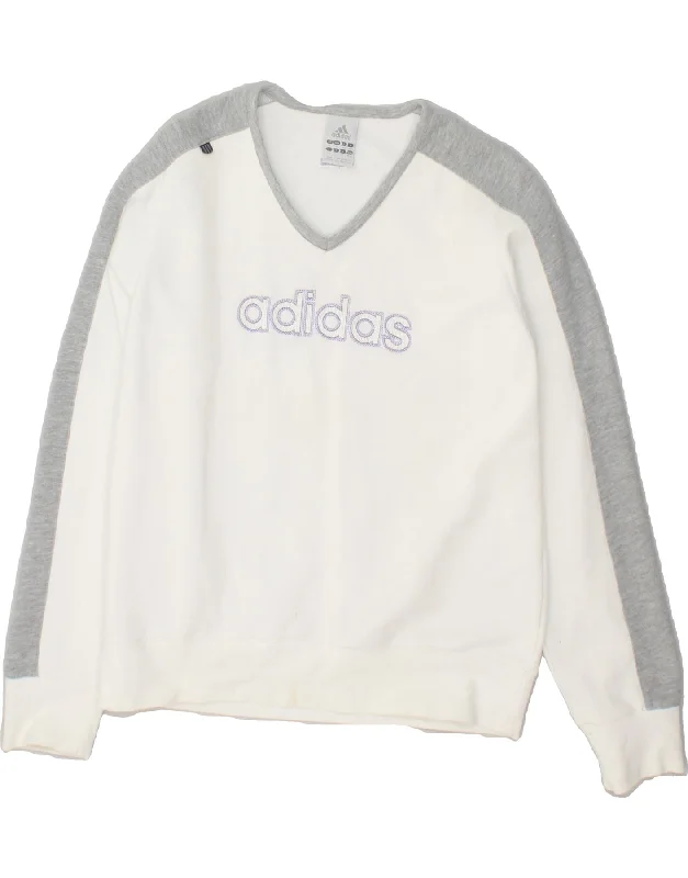 ADIDAS Womens Graphic Sweatshirt Jumper UK 14 Large White Colourblock Hoodie with Full-Zip Functional Layering