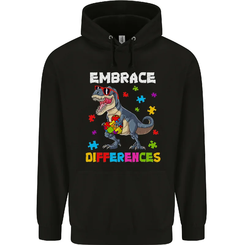 Autism T-Rex Embrace Differences Autistic Mens 80% Cotton Hoodie Hoodie with Hem Elastic Stretchable Comfortable