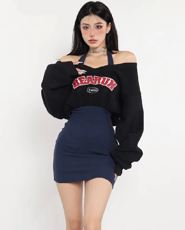 BEARUN Letter Embroidery Black V-Neck Long Sleeve Cropped Sweatshirt Dark Blue Halter Slim Mini Dress Set Hoodie Sweatshirt Pullover