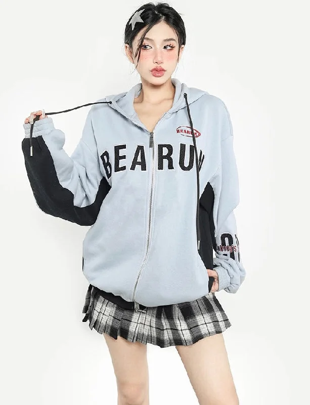 BEARUN Letter Embroidery Solid Color Baby Blue Patchwork Zip Up Long Sleeve Hoodie Hoodie with Half-Zip Sporty Casual