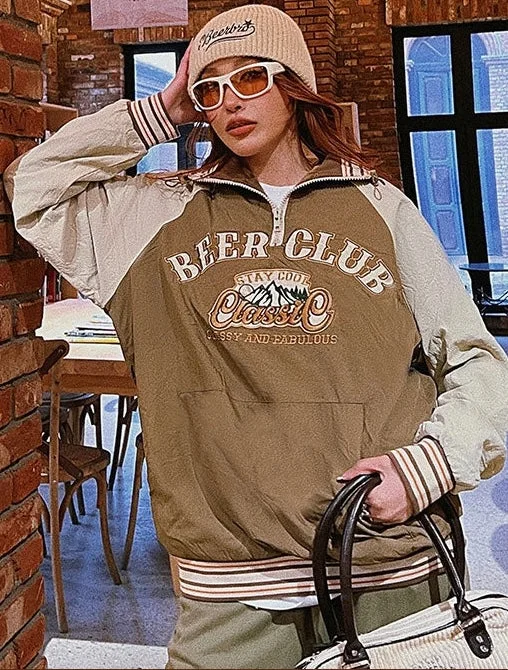 BEER CLUB Letter Embroidery Long Sleeve Zip Up Sweatshirt Hoodie with Hem Contrast Bold Stylish