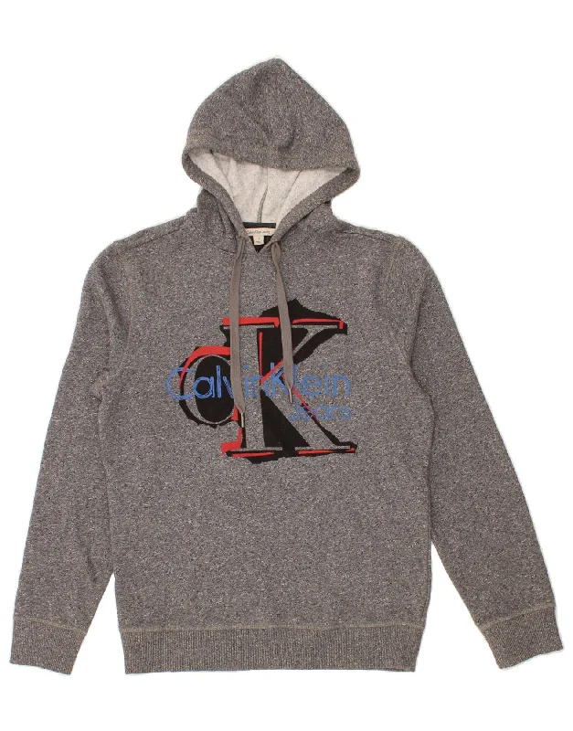 CALVIN KLEIN JEANS Mens Graphic Hoodie Jumper Small Grey Cotton Hoodie with Print Artistic Unique