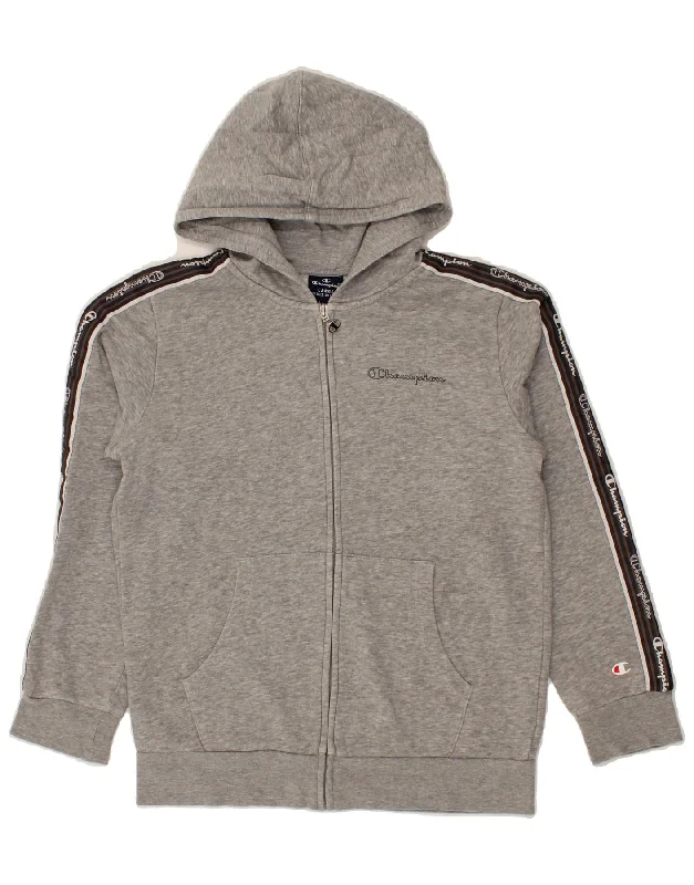 CHAMPION Boys Graphic Zip Hoodie Sweater 11-12 Years Large Grey Cotton Hoodie with Hem Elastic Stretchable Comfortable