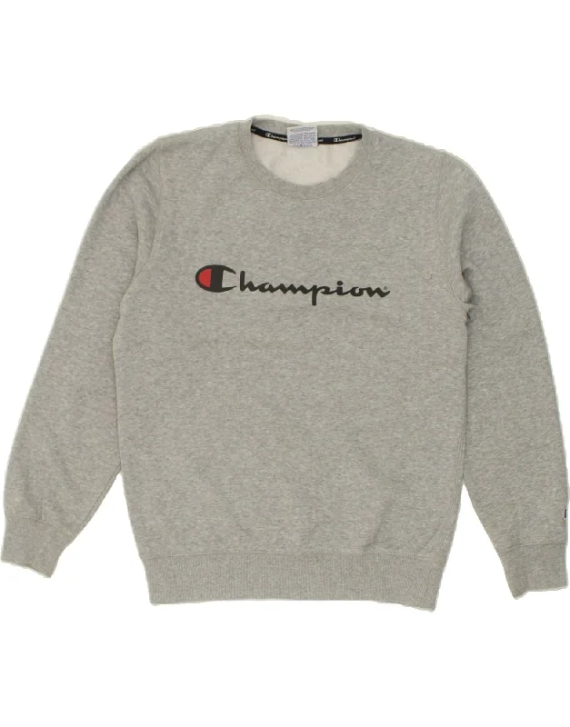 CHAMPION Mens Graphic Sweatshirt Jumper Small Grey Cotton Hoodie with Ribbed Neckline Snug Warm