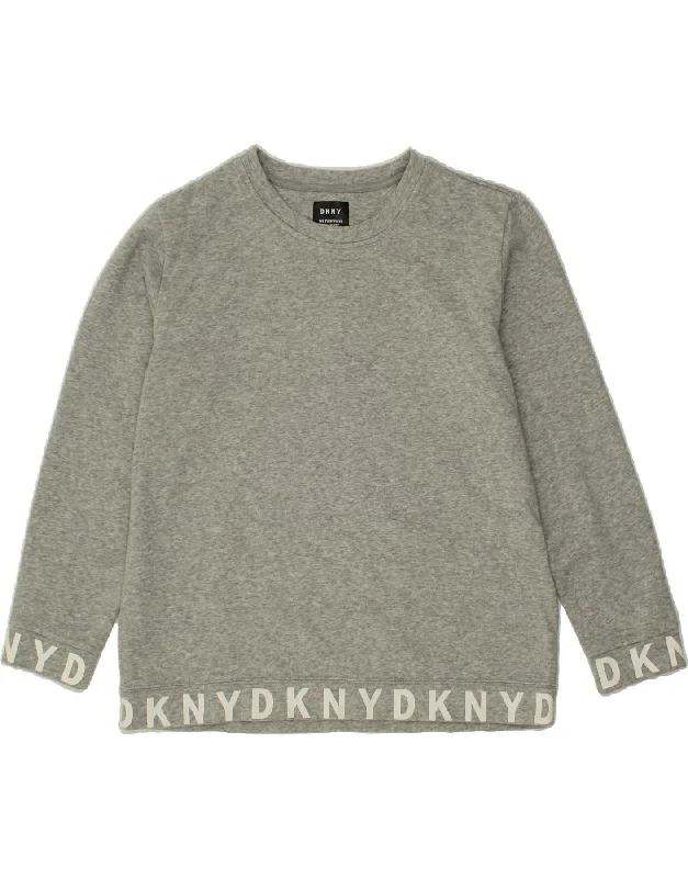 DKNY Womens Graphic Sweatshirt Jumper UK 14 Medium Grey Cotton Hoodie with Contrast Stitching Detailed Premium