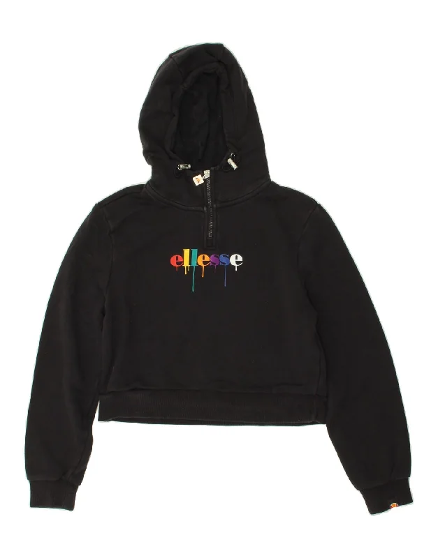 ELLESSE Womens Crop Zip Neck Hoodie Jumper UK 10 Small Black Cotton Hoodie with Hem Applique Textured Unique