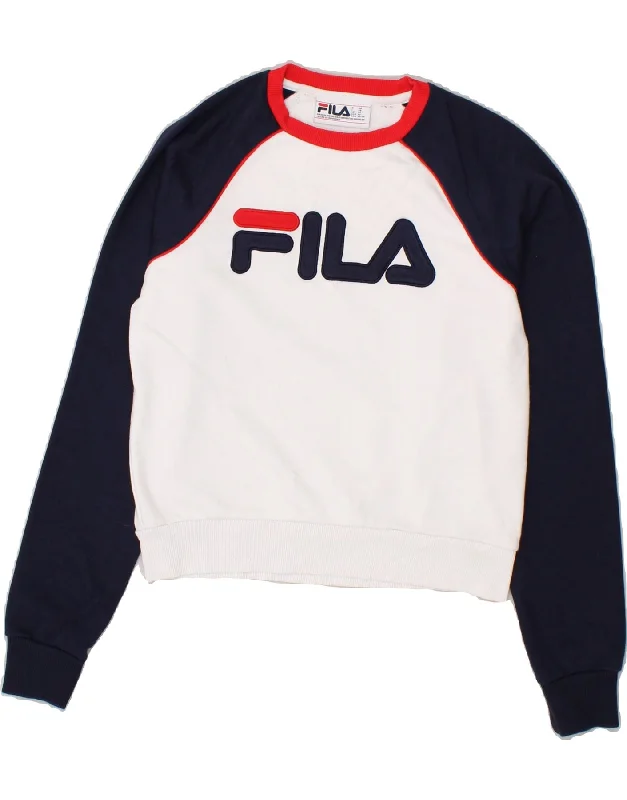 FILA Womens Crop Graphic Sweatshirt Jumper UK 6 XS Navy Blue Colourblock Hoodie with Emblem Brand Identity