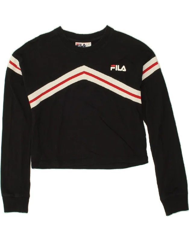 FILA Womens Crop Sweatshirt Jumper UK 10 Small Black Colourblock Cotton Hoodie with Hem Ribbing Snug Secure