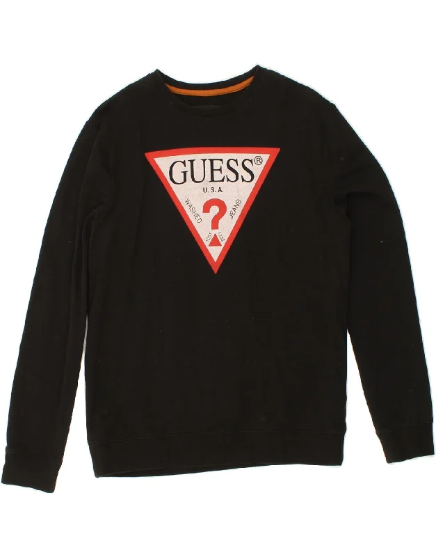 GUESS Womens Graphic Sweatshirt Jumper UK 14 Medium Black Cotton Hoodie with Front Slit Layering Stylish