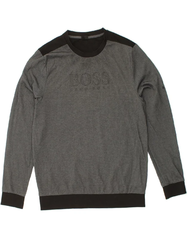 HUGO BOSS Mens Slim Graphic Sweatshirt Jumper XL Grey Colourblock Cotton Hoodie with Longline Fit Extended Stylish