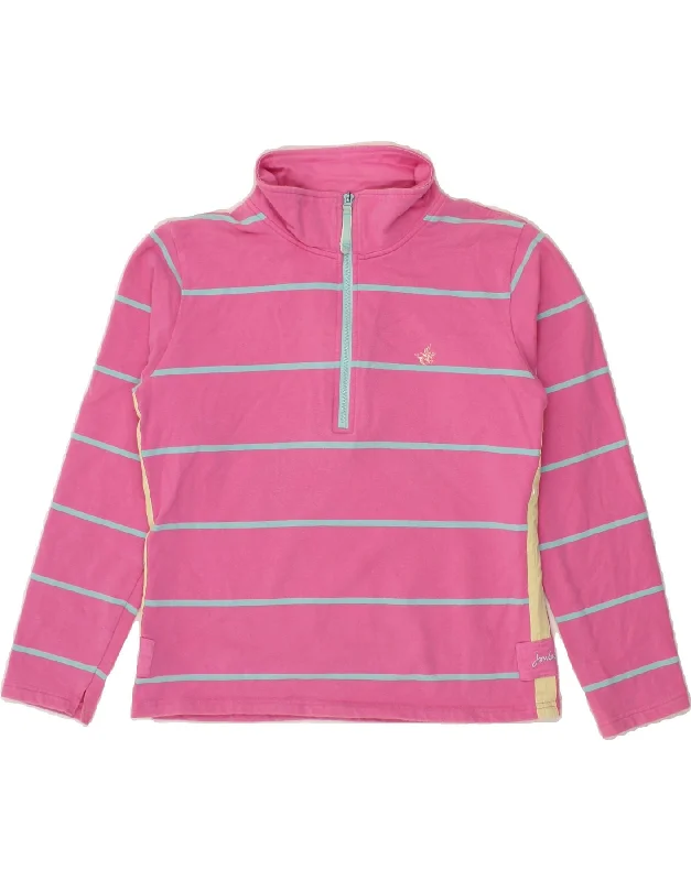 JOULES Womens Zip Neck Sweatshirt Jumper UK 14 Large Pink Striped Cotton Hoodie with Crew Neck Simple Timeless