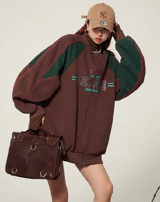 LEAGUE Letter Embroidery Long Sleeve Zip Up Sweatshirt Hoodie with Hem Contrast Bold Stylish