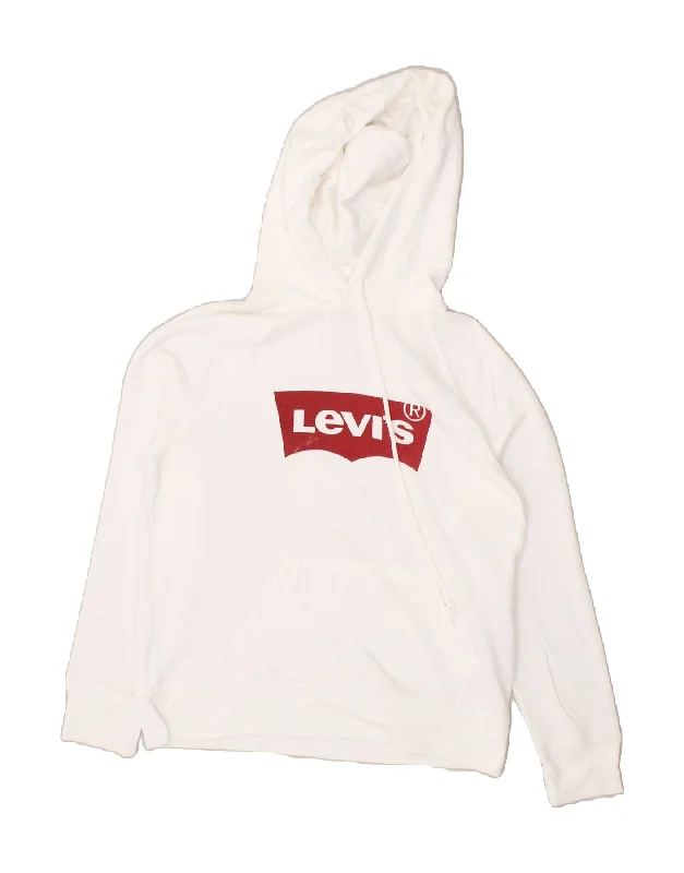 LEVI'S Womens Graphic Hoodie Jumper UK 10 Small White Cotton Hoodie with Stripes Bold Sporty