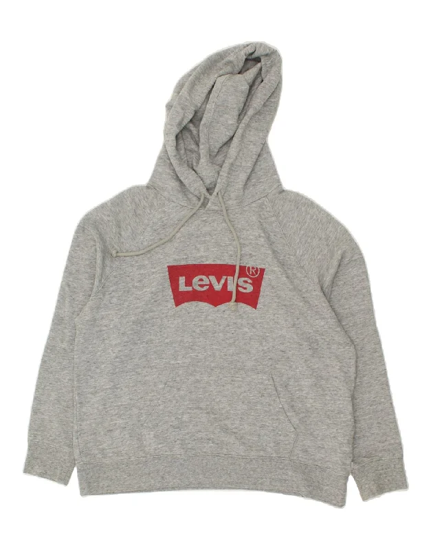 LEVI'S Womens Graphic Hoodie Jumper UK 18 XL Grey Flecked Cotton Hoodie with Hem Applique Textured Unique