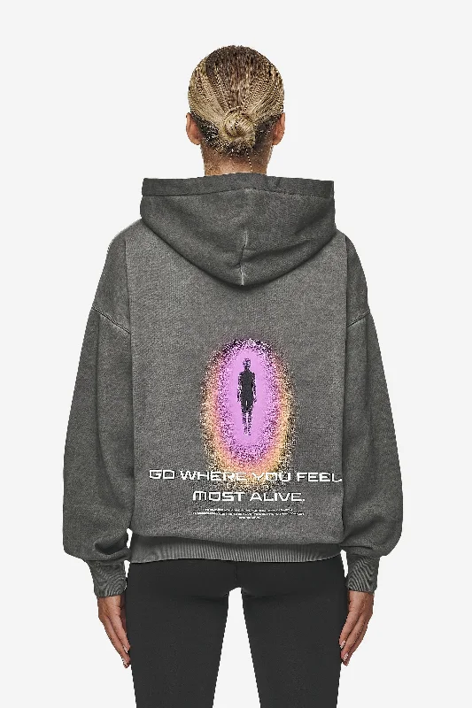 Lui Sprayed Oversized Hoodie Oil Dyed Deep Grey Hoodie with Print Artistic Unique