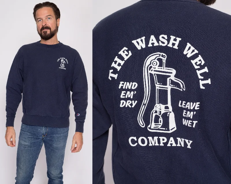 Medium Champion Reverse Weave "The Wash Well Company" Sweatshirt Hoodie with Hem Fringe Bohemian Relaxed