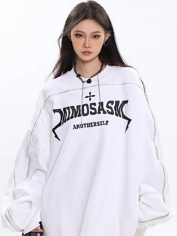 MIMOSASM Graphic Letter Print Solid Color Patchwork Long Sleeve Sweatshirt Hoodie with Hem Applique Textured Unique