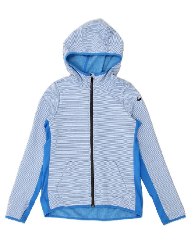 NIKE Boys Dri Fit Zip Hoodie Sweater 13-14 Years XL Blue Striped Polyester Hoodie with Frayed Bohemian Relaxed