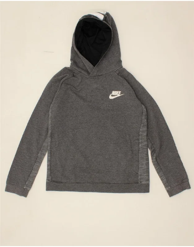 NIKE Boys Graphic Hoodie Jumper 13-14 Years XL Grey Hoodie with Hem Frayed Vintage Worn