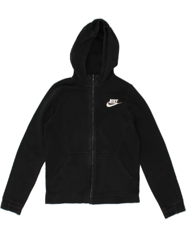 NIKE Boys Zip Hoodie Sweater 12-13 Years Large Black Cotton Hoodie with Hem Embroidery Detailed Premium