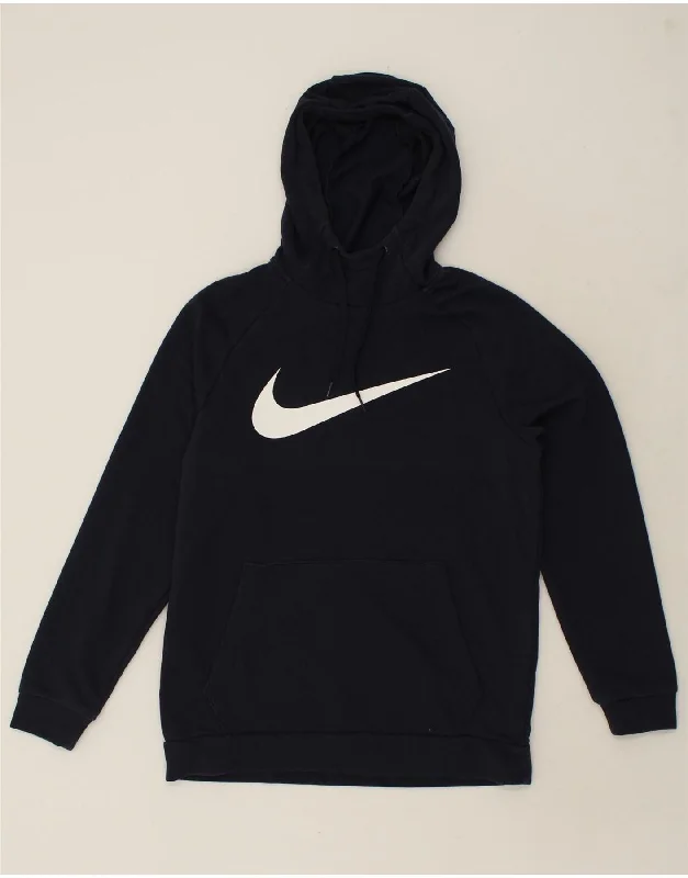 NIKE Mens Dri Fit Graphic Hoodie Jumper Small Navy Blue Cotton Hoodie with Drawcord Adjustable Secure