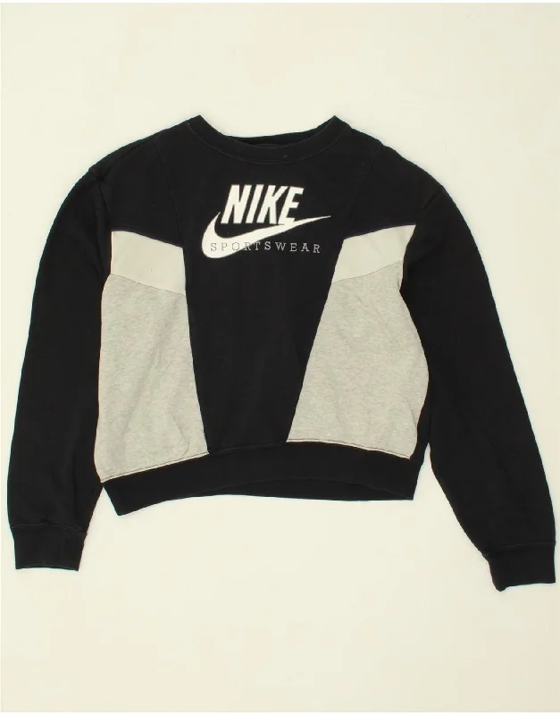 NIKE Womens Oversized Crop Graphic Sweatshirt Jumper UK 6 XS Black Hoodie with Hem Frayed Vintage Worn