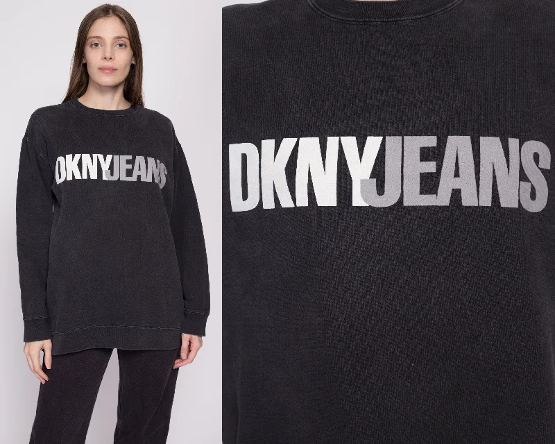 One Size 90s DKNY Jeans Black Crewneck Sweatshirt Hoodie with Color Block Contrast Stylish