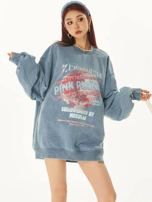 PINK PLANET Graphic Image Print Solid Color Washed Faded Long Sleeve Sweatshirt Hoodie with Elastic Cuffs Stretchable Comfortable