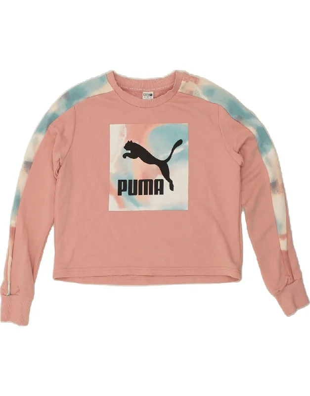 PUMA Womens Graphic Crop Sweatshirt Jumper UK 6 XS Pink Colourblock Hoodie with Elastic Waist Stretchable Comfortable