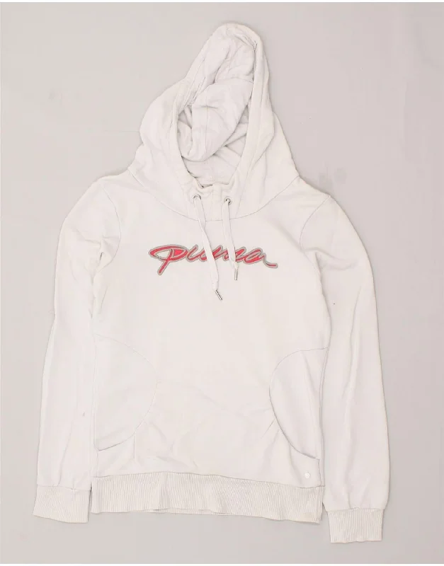 PUMA Womens Graphic Hoodie Jumper UK 10 Small White Cotton Hoodie with Distressed Vintage Worn