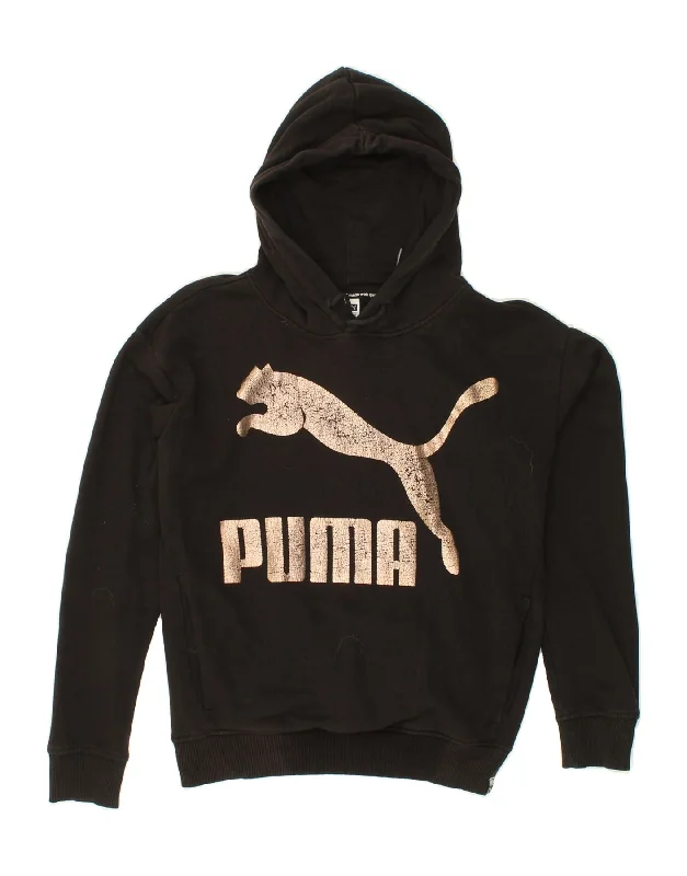 PUMA Womens Oversized Graphic Hoodie Jumper UK 10 Small  Black Cotton Hoodie with Distressed Vintage Worn