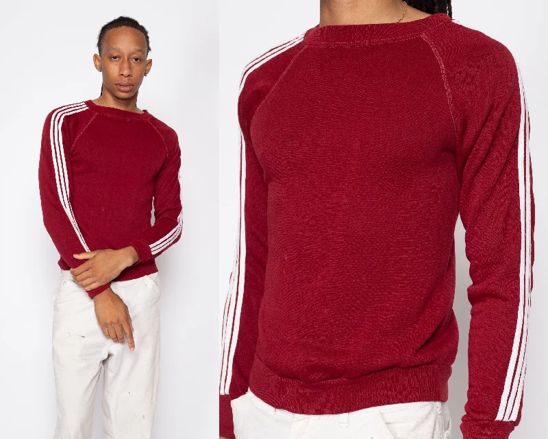 Sm-Med 70s 80s Maroon Striped Raglan Sweatshirt Unisex Hoodie with Relaxed Fit Easy Casual