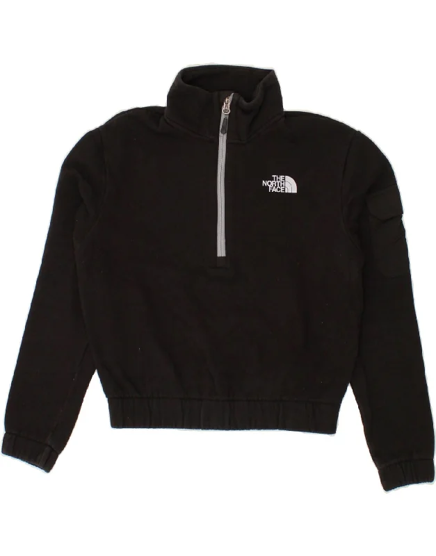 THE NORTH FACE Womens Crop Zip Neck Sweatshirt Jumper UK 10 Small Black Hoodie with Metallic Shiny Futuristic