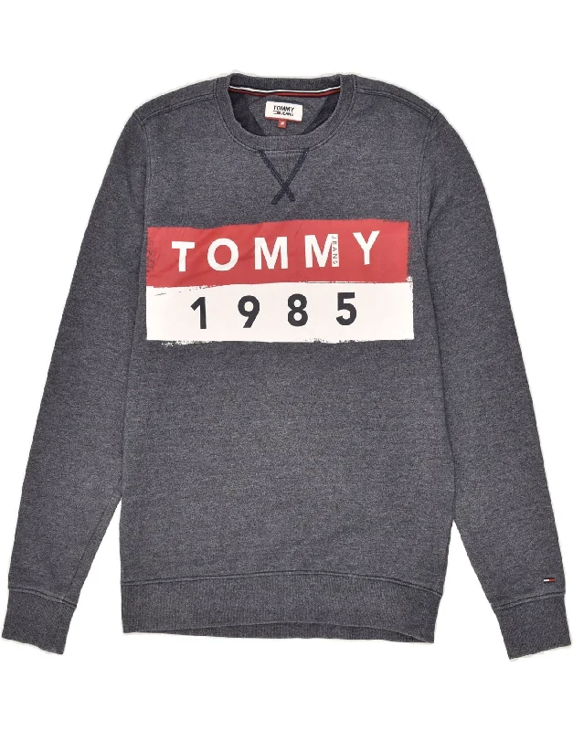 TOMMY HILFIGER Mens Graphic Sweatshirt Jumper Medium Grey Flecked Cotton Hoodie with Thumb Holes Functional Cozy