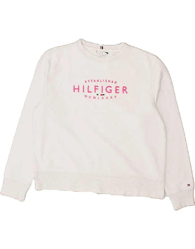 TOMMY HILFIGER Womens Graphic Crop Sweatshirt Jumper UK 16 Large White Hoodie with Turtle Neck Cozy Winter