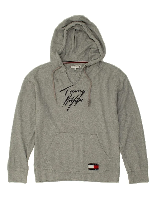 TOMMY HILFIGER Womens Graphic Hoodie Jumper UK 6 XS Grey Cotton Hoodie with Color Block Contrast Stylish