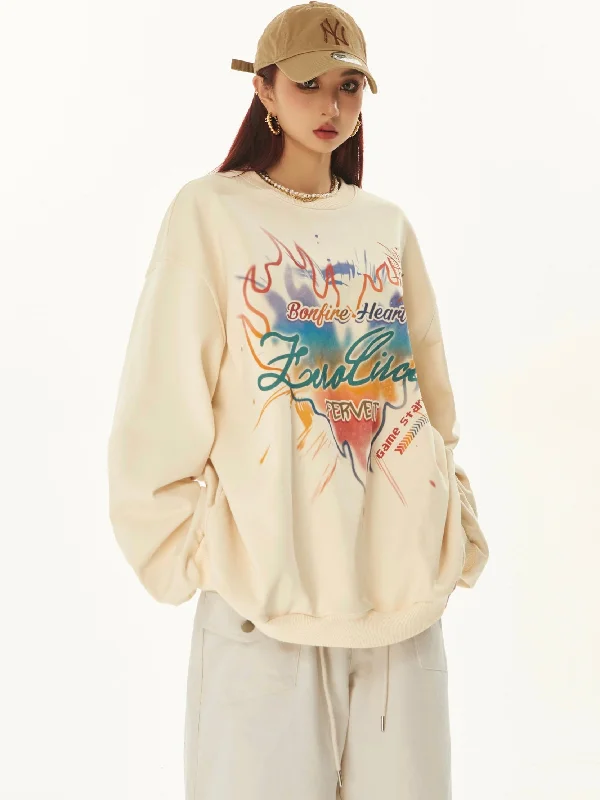 ZeroCircle Graphic Letter Print Flaming Heart Apricot Long Sleeve Sweatshirt Hoodie with Drop Shoulder Relaxed Streetwear