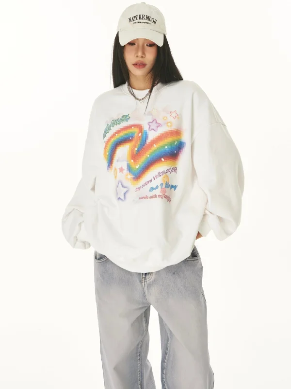 ZEROCIRCLE Rainbow Graphic Image Print Long Sleeve Sweatshirt Hoodie with Front Slit Layering Stylish