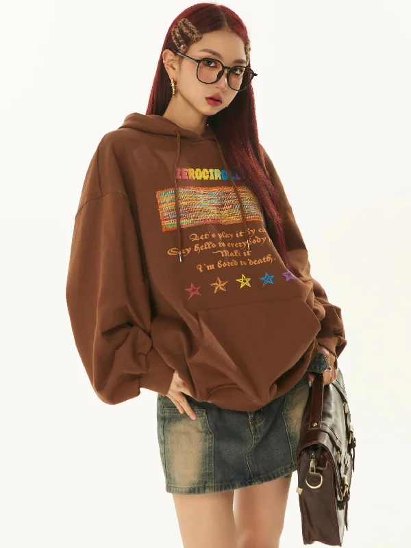 ZEROCIRCLE Rainbow Graphic Letter Print Solid Color Brown Long Sleeve Hoodie Hoodie with Ribbed Cuffs Snug Fit Comfort